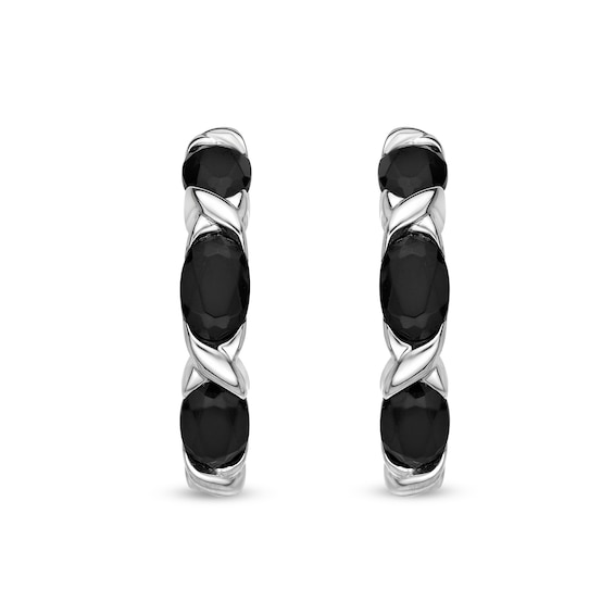 Oval Onyx Three Stone "Xo" Hoop Earrings in Sterling Silver