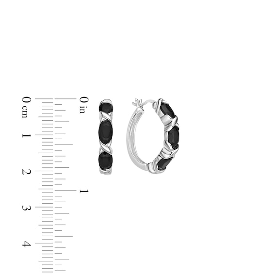 Oval Onyx Three Stone "Xo" Hoop Earrings in Sterling Silver