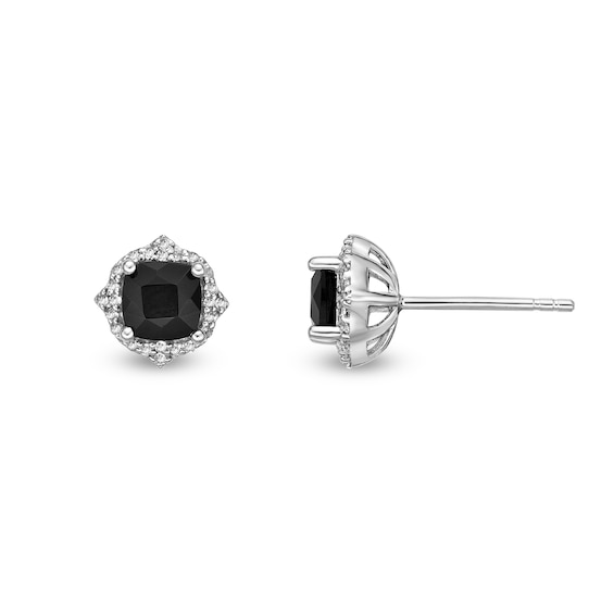 5.0mm Cushion-Cut Onyx and White Topaz Quatrefoil Frame Stud Earrings in Sterling Silver