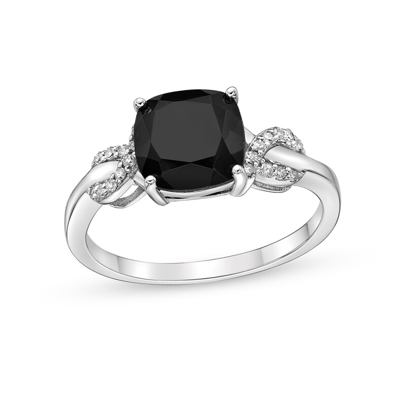 8.0mm Cushion-Cut Onyx and 1/10 CT. T.W. Diamond Twist Side Accent Ring in Sterling Silver