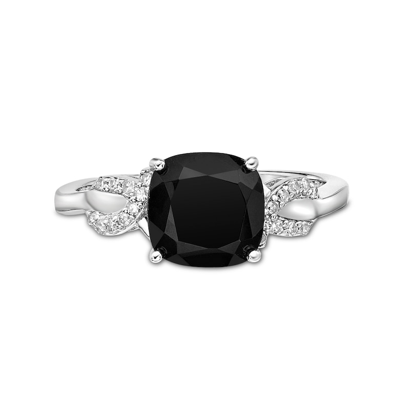 8.0mm Cushion-Cut Onyx and 1/10 CT. T.W. Diamond Twist Side Accent Ring in Sterling Silver