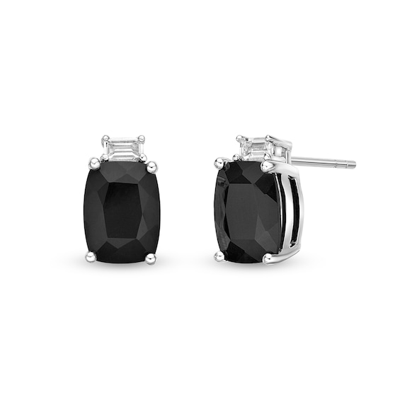 Cushion-Cut Onyx and Baguette White Topaz Stacked Stud Earrings in Sterling Silver