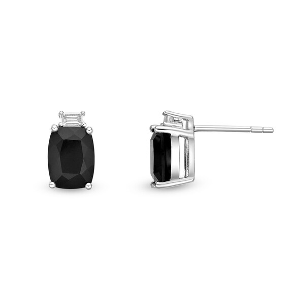 Cushion-Cut Onyx and Baguette White Topaz Stacked Stud Earrings in Sterling Silver