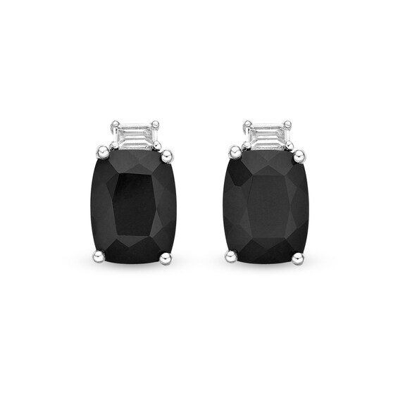 Cushion-Cut Onyx and Baguette White Topaz Stacked Stud Earrings in Sterling Silver