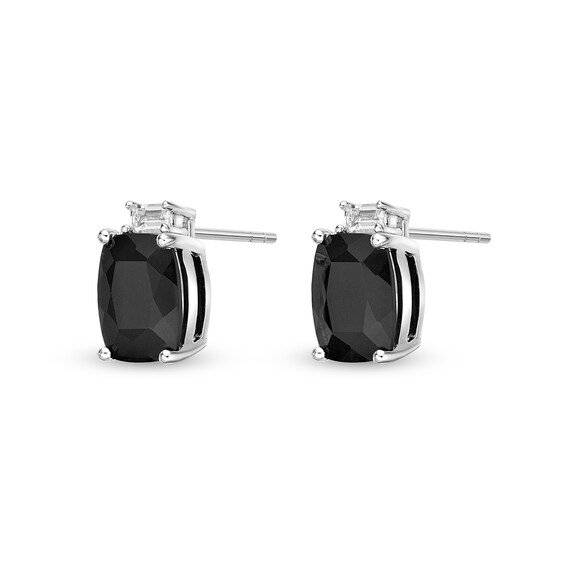 Cushion-Cut Onyx and Baguette White Topaz Stacked Stud Earrings in Sterling Silver