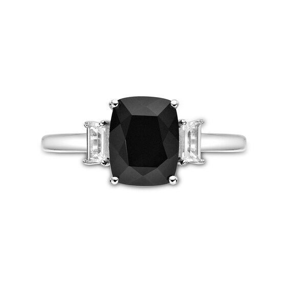Cushion-Cut Onyx and Baguette White Topaz Collar Ring in Sterling Silver