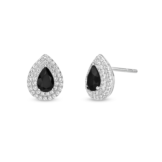 Pear-Shaped Onyx and White Topaz Double Frame Stud Earrings in Sterling Silver