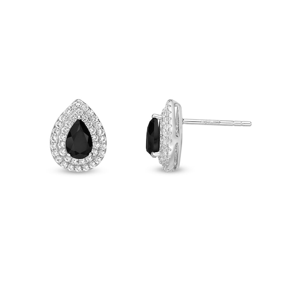 Pear-Shaped Onyx and White Topaz Double Frame Stud Earrings in Sterling Silver