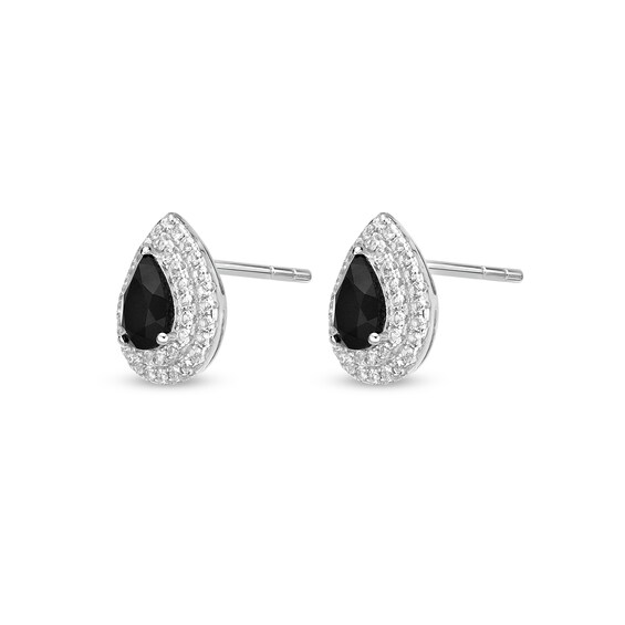 Pear-Shaped Onyx and White Topaz Double Frame Stud Earrings in Sterling Silver