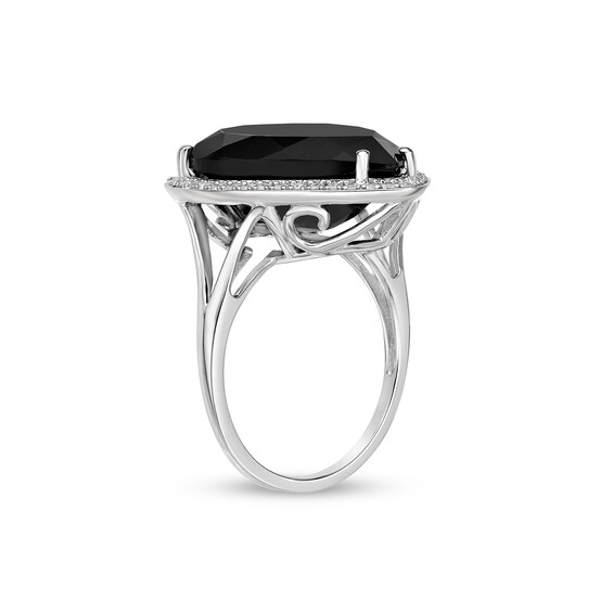 Pear-Shaped Onyx and White Topaz Frame Split Shank Ring in Sterling Silver