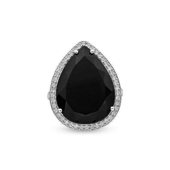 Pear-Shaped Onyx and White Topaz Frame Split Shank Ring in Sterling Silver
