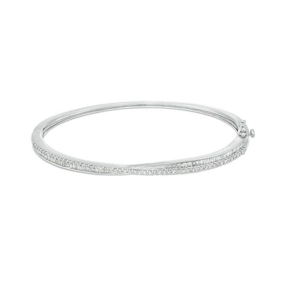 1 CT. T.w. Baguette and Round Diamond Criss-Cross Bangle in 10K White Gold