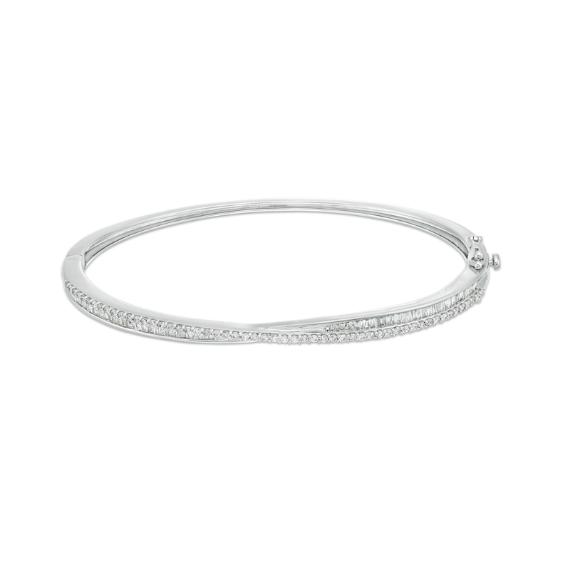 1 CT. T.W. Baguette and Round Diamond Criss-Cross Bangle in 10K White Gold