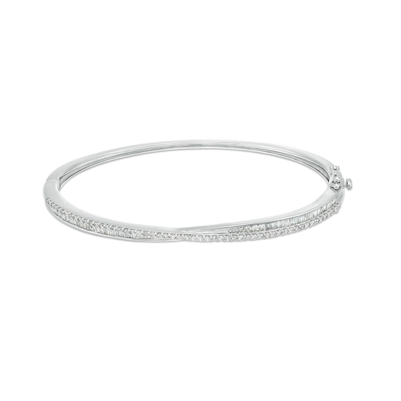 Main Image 1 of 1 CT. T.W. Baguette and Round Diamond Criss-Cross Bangle in 10K White Gold