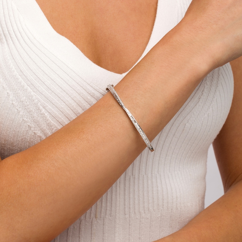 Main Image 2 of 1 CT. T.W. Baguette and Round Diamond Criss-Cross Bangle in 10K White Gold