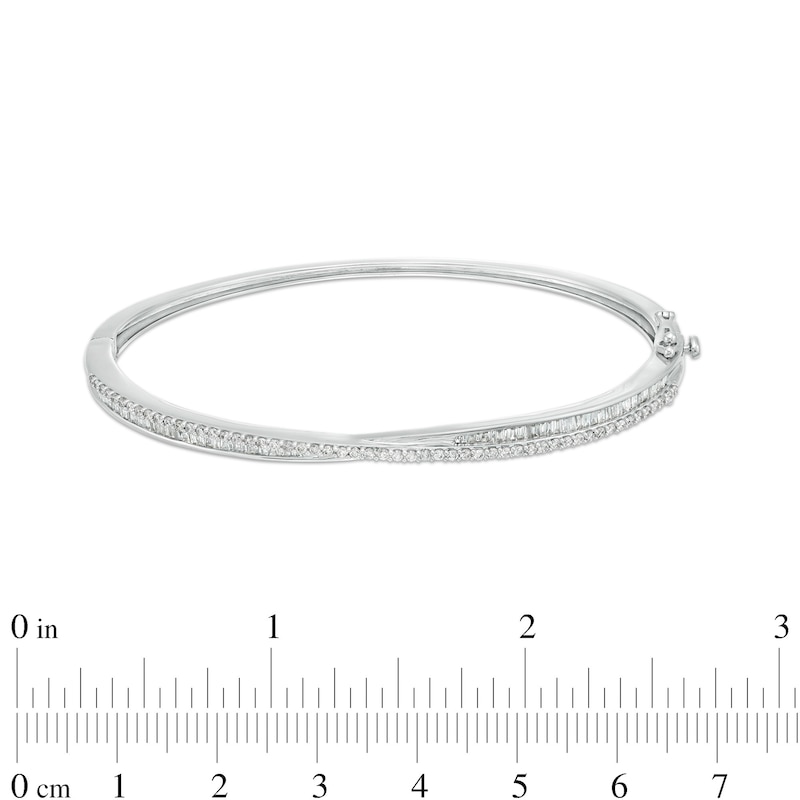 1 CT. T.W. Baguette and Round Diamond Criss-Cross Bangle in 10K White Gold