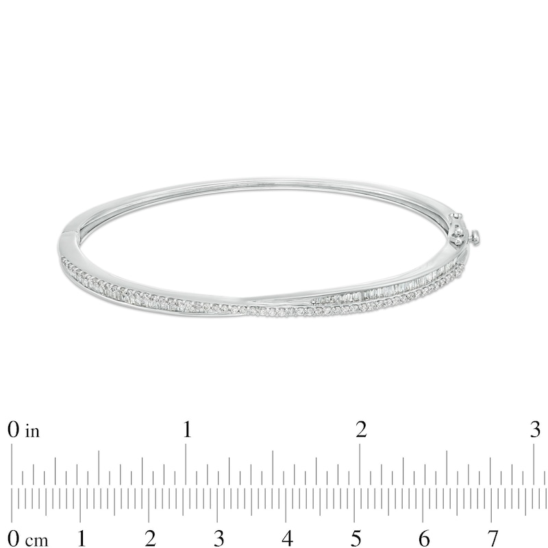 Main Image 3 of 1 CT. T.W. Baguette and Round Diamond Criss-Cross Bangle in 10K White Gold
