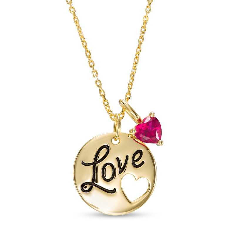 Main Image 1 of 5.0mm Heart-Shaped Lab-Created Ruby Charm with Etched "Love" Disc Pending in Sterling Silver with 14K Gold Plate