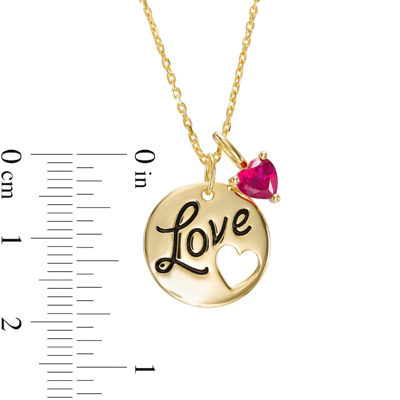 Main Image 2 of 5.0mm Heart-Shaped Lab-Created Ruby Charm with Etched "Love" Disc Pending in Sterling Silver with 14K Gold Plate