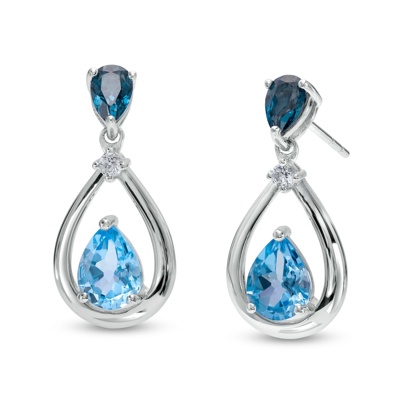 Pear-Shaped Swiss and London Blue Topaz with White Lab-Created Sapphire Drop Earrings in Sterling Silver