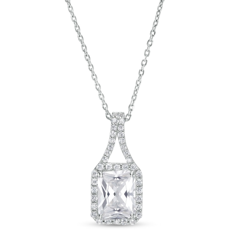 Main Image 1 of Emerald-Cut White Lab-Created Sapphire Frame Split Drop Pendant in Sterling Silver