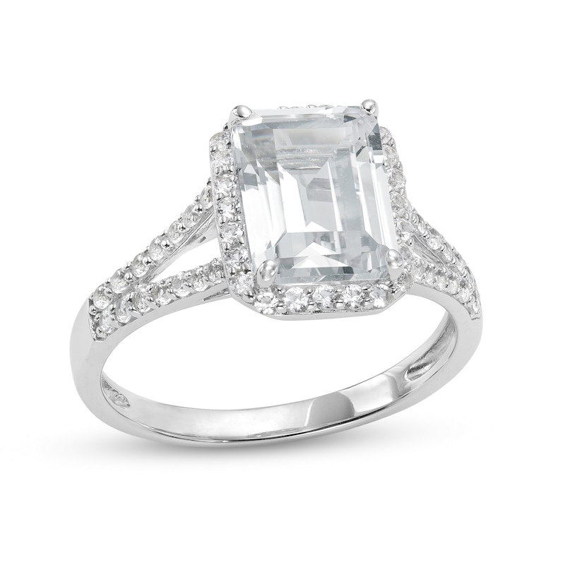 Main Image 1 of Emerald-Cut White Lab-Created Sapphire Frame Split Shank Ring in Sterling Silver – Size 7