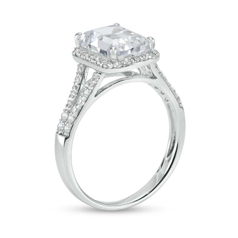 Main Image 2 of Emerald-Cut White Lab-Created Sapphire Frame Split Shank Ring in Sterling Silver – Size 7