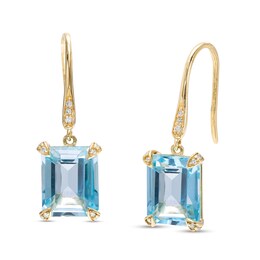 Emerald-Cut Sky Blue Topaz and 1/15 CT. T.W. Diamond Drop Earrings in 10K Gold