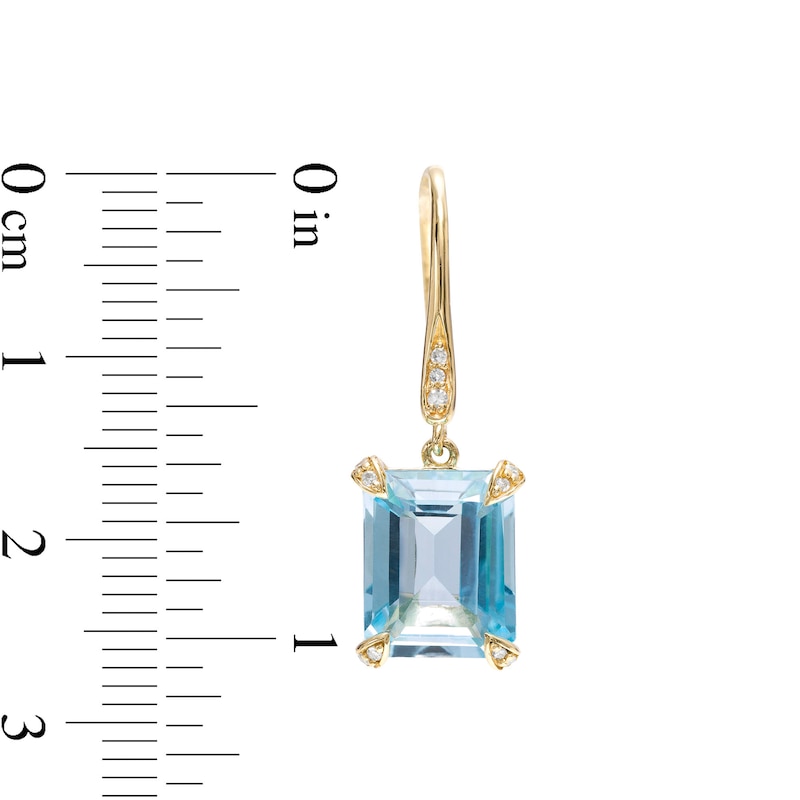 Main Image 2 of Emerald-Cut Sky Blue Topaz and 1/15 CT. T.W. Diamond Drop Earrings in 10K Gold