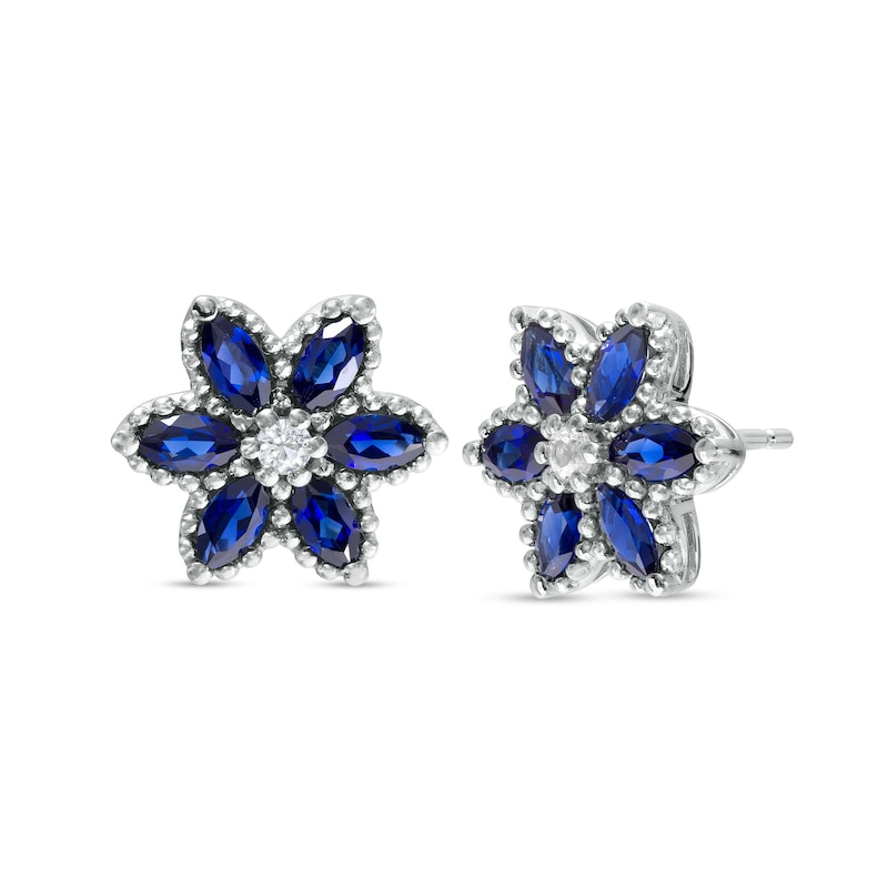 Main Image 1 of Marquise Blue and White Lab-Created Sapphire Flower Stud Earrings in Sterling Silver