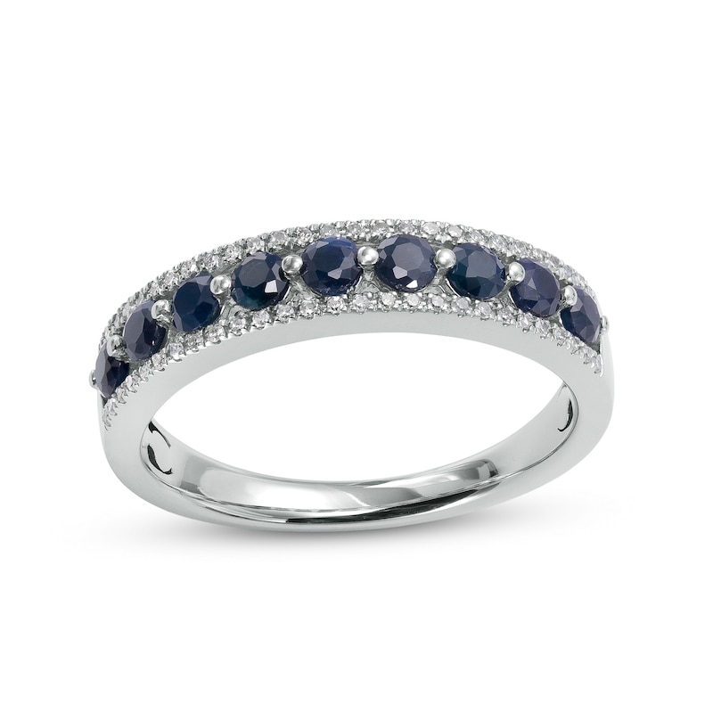 Main Image 1 of Blue Sapphire and 1/10 CT. T.W. Diamond Triple Row Nine Stone Band in 10K White Gold - Size 7