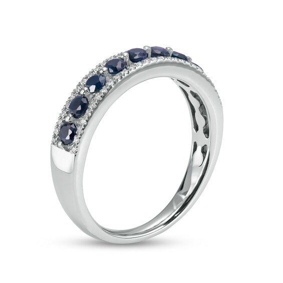 Blue Sapphire and 1/10 CT. T.w. Diamond Triple Row Nine Stone Band in 10K White Gold - Size 7