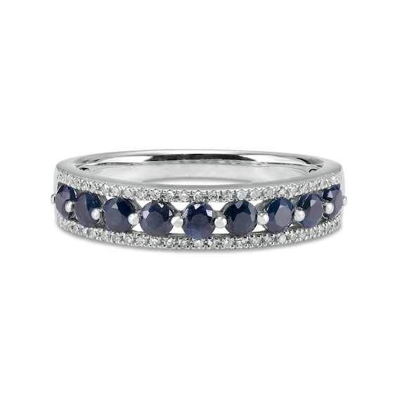 Blue Sapphire and 1/10 CT. T.w. Diamond Triple Row Nine Stone Band in 10K White Gold - Size 7