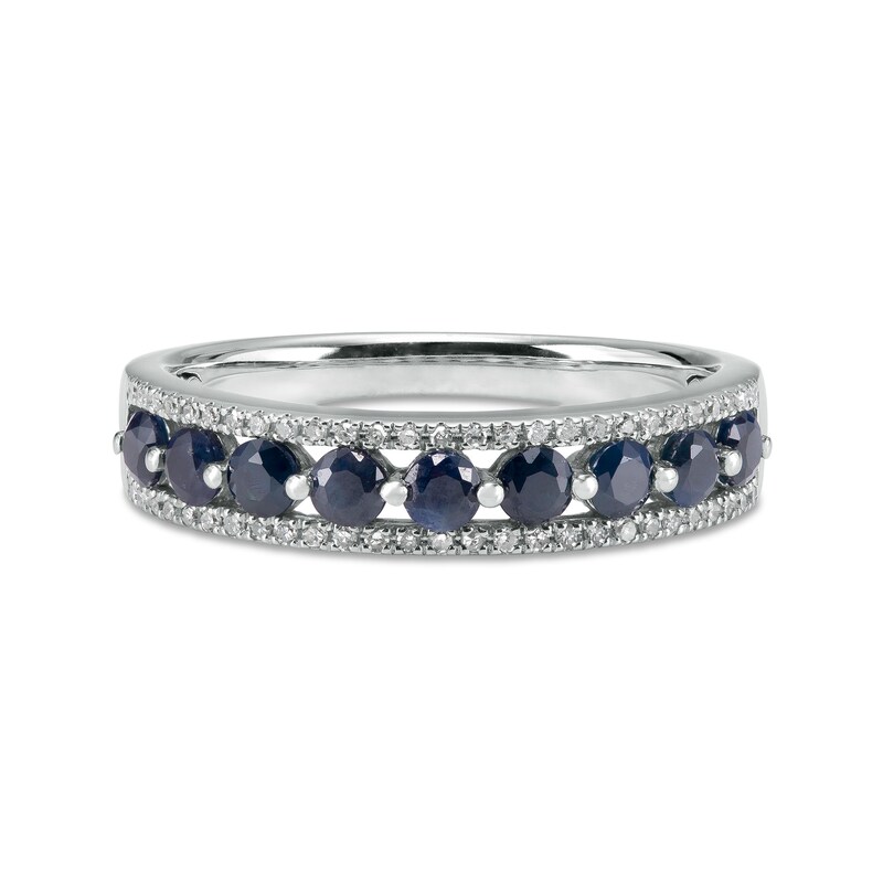 Main Image 3 of Blue Sapphire and 1/10 CT. T.W. Diamond Triple Row Nine Stone Band in 10K White Gold - Size 7
