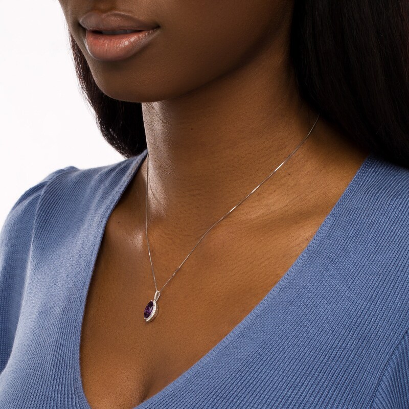 Main Image 2 of Marilyn Monroe™ Collection Marquise Amethyst and 1/8 CT. T.W. Diamond Frame Pendant in 10K White Gold