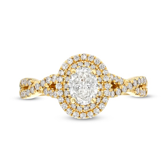 Celebration Infiniteâ¢ 1 CT. T.w. Certified Oval Diamond Double Frame Twist Shank Engagement Ring in 14K Gold (I/Si2)