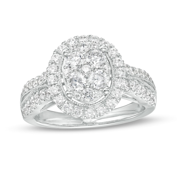 1-1/4 CT. T.w. Oval-Shaped Multi-Diamond Frame Multi-Row Engagement Ring in 14K White Gold (I/I2)