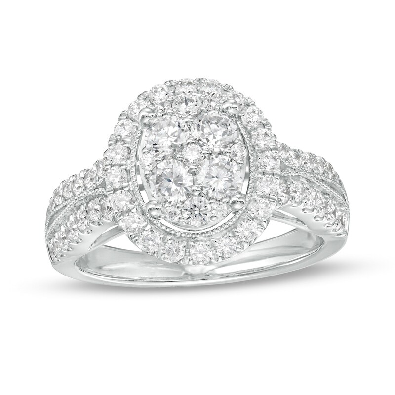 Main Image 1 of 1-1/4 CT. T.W. Oval-Shaped Multi-Diamond Frame Multi-Row Engagement Ring in 14K White Gold (I/I2)