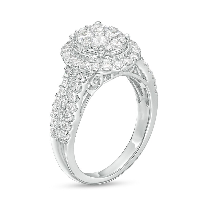 Main Image 3 of 1-1/4 CT. T.W. Oval-Shaped Multi-Diamond Frame Multi-Row Engagement Ring in 14K White Gold (I/I2)