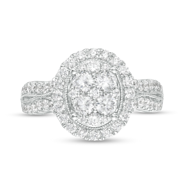 Main Image 4 of 1-1/4 CT. T.W. Oval-Shaped Multi-Diamond Frame Multi-Row Engagement Ring in 14K White Gold (I/I2)