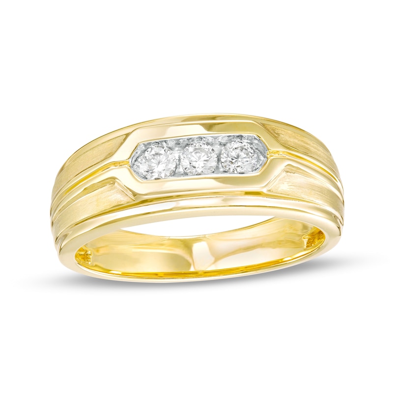Main Image 1 of 1/4 CT. T.W. Diamond Grooved Three Stone Wedding Band in 10K Gold