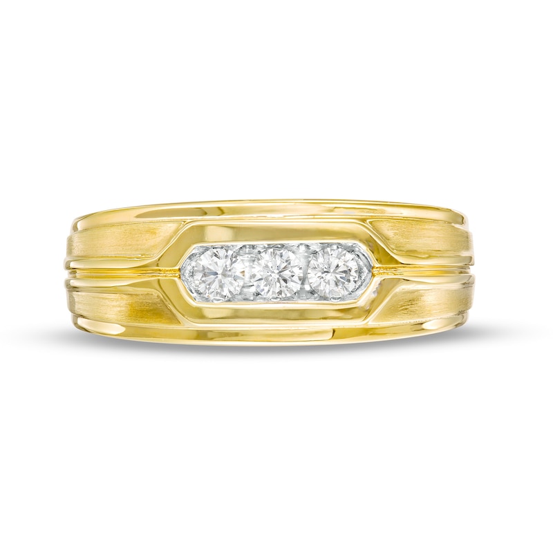 Main Image 3 of 1/4 CT. T.W. Diamond Grooved Three Stone Wedding Band in 10K Gold