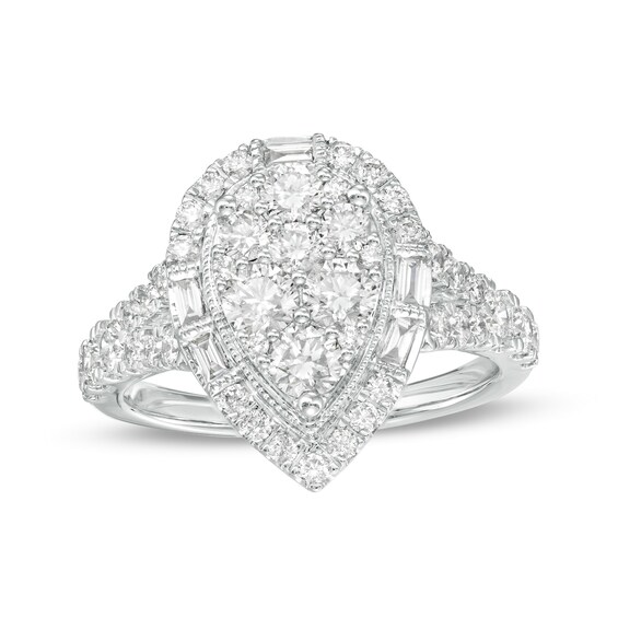1-1/2 CT. T.w. Pear-Shaped Multi-Diamond Frame Split Shank Engagement Ring in 14K White Gold (I/I2)