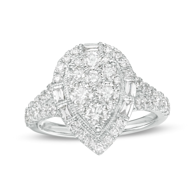 Main Image 1 of 1-1/2 CT. T.W. Pear-Shaped Multi-Diamond Frame Split Shank Engagement Ring in 14K White Gold (I/I2)