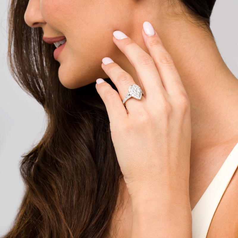 Main Image 2 of 1-1/2 CT. T.W. Pear-Shaped Multi-Diamond Frame Split Shank Engagement Ring in 14K White Gold (I/I2)