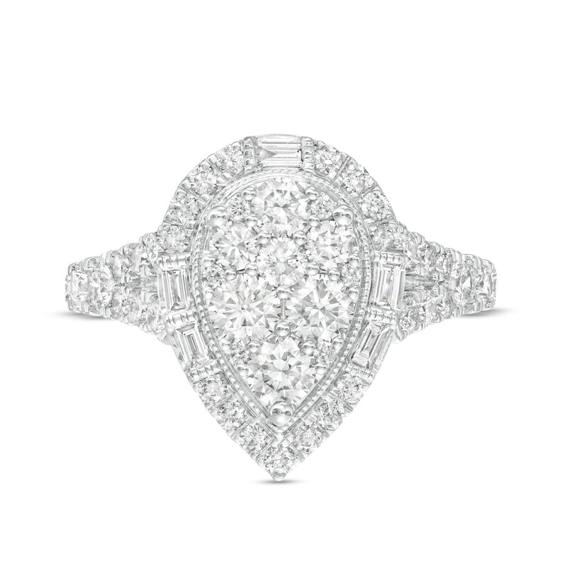 Main Image 4 of 1-1/2 CT. T.W. Pear-Shaped Multi-Diamond Frame Split Shank Engagement Ring in 14K White Gold (I/I2)