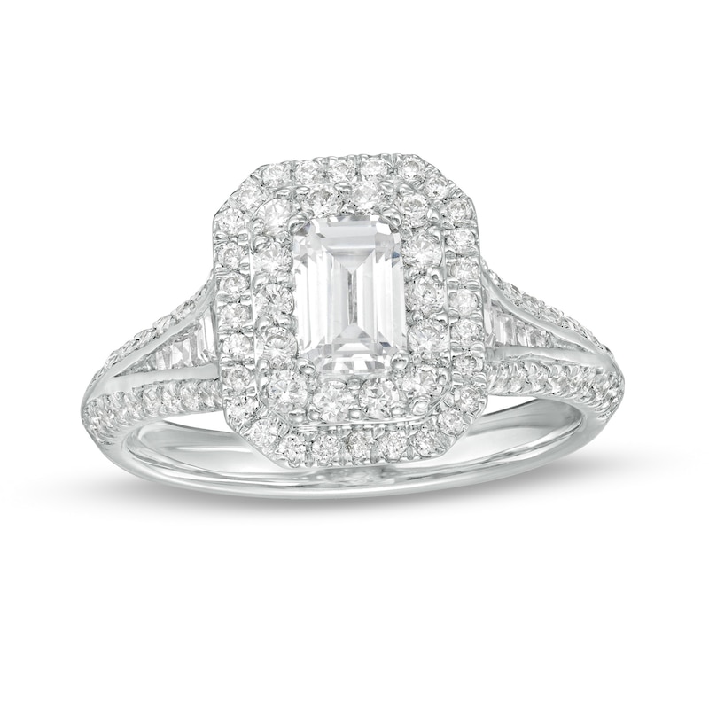 Main Image 1 of Love's Destiny by Zales 1-1/4 CT. T.W. Certified Emerald-Cut Diamond Frame Engagement Ring in 14K White Gold (I/SI2)