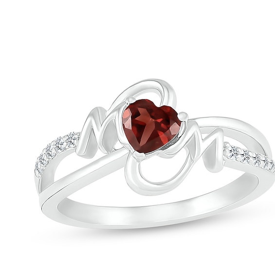 5.0mm Heart-Shaped Garnet and White Lab-Created Sapphire "MOM" Split Shank Ring in Sterling Silver