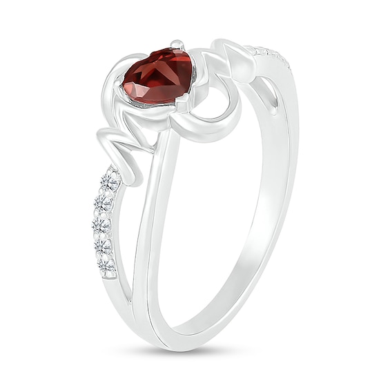 5.0mm Heart-Shaped Garnet and White Lab-Created Sapphire Mom Split Shank Ring in Sterling Silver