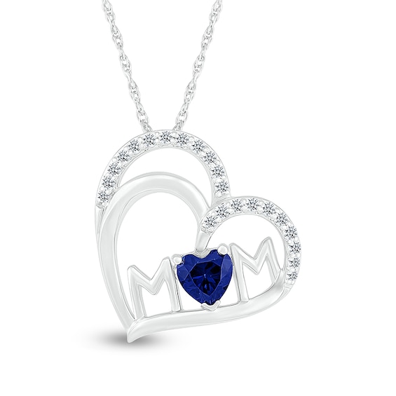 5.0mm Blue and White Lab-Created Sapphire Mom Tilted Double Heart Pendant in Sterling Silver